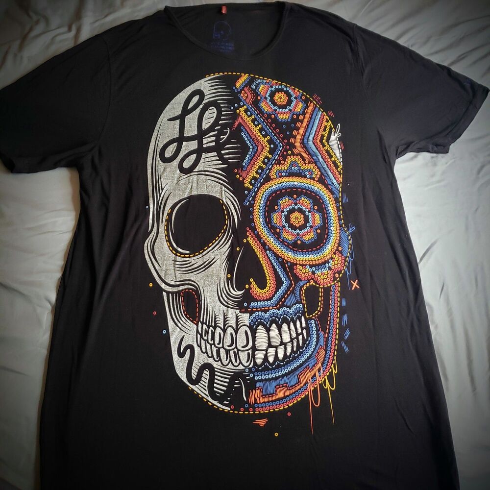 ¡Ay Güey Women’s Long Graphic Tee Size M Made in Mexico Colorful Skull Shirt